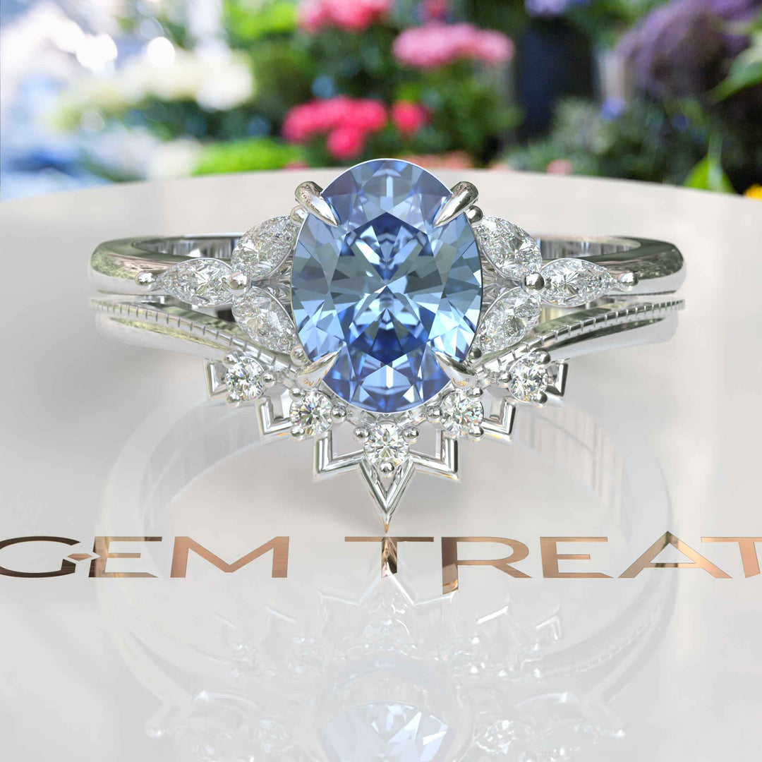 Elegance Redefined: Oval Blue Moissanite Ring Set & Marquise Moissanite Highlights