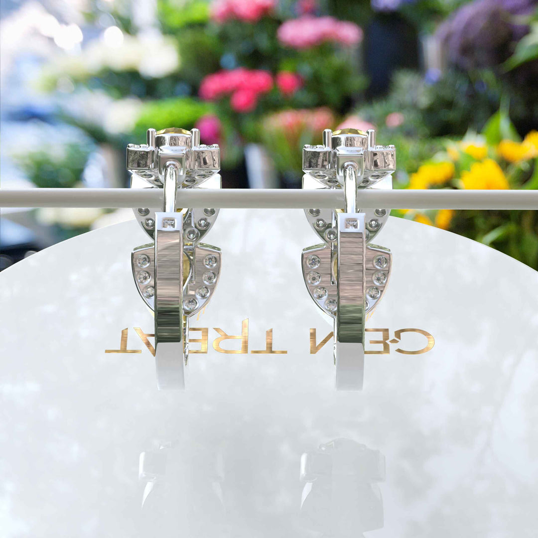 Sunlit Sparkle: Pear Cut Yellow Sapphire Hoop Earrings Encased in Moissanite Halo.