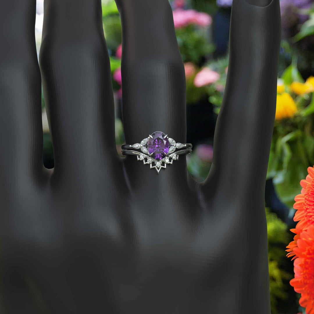 Nuptial Hues in Purple: Oval Amethyst Wedding Ring Set, Adorned by Marquise Side Gems