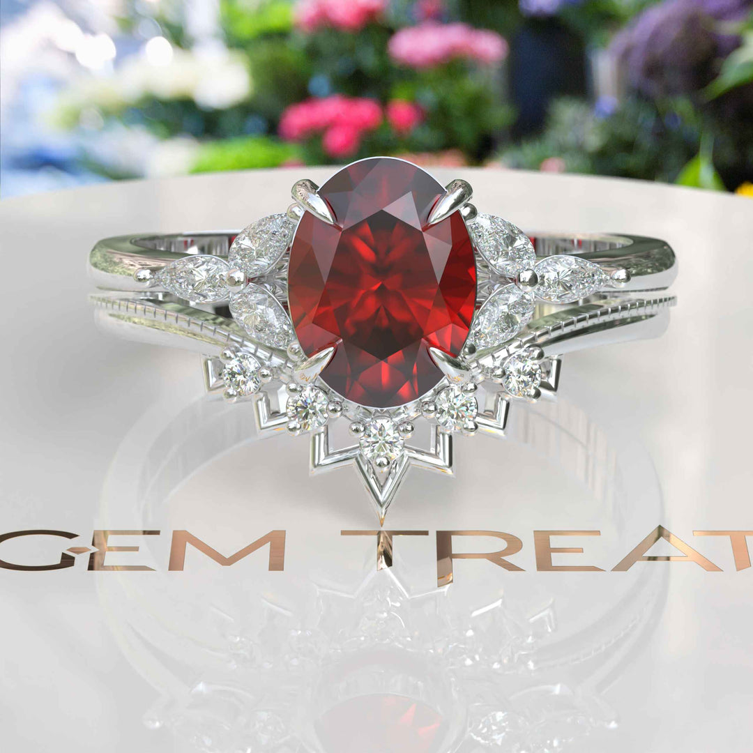 Oval Ruby Wedding Ring Set in Silver: Timeless Elegance for Your Special Day