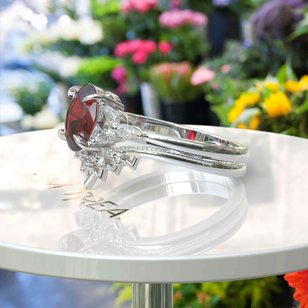 Oval Ruby Wedding Ring Set in Silver: Timeless Elegance for Your Special Day