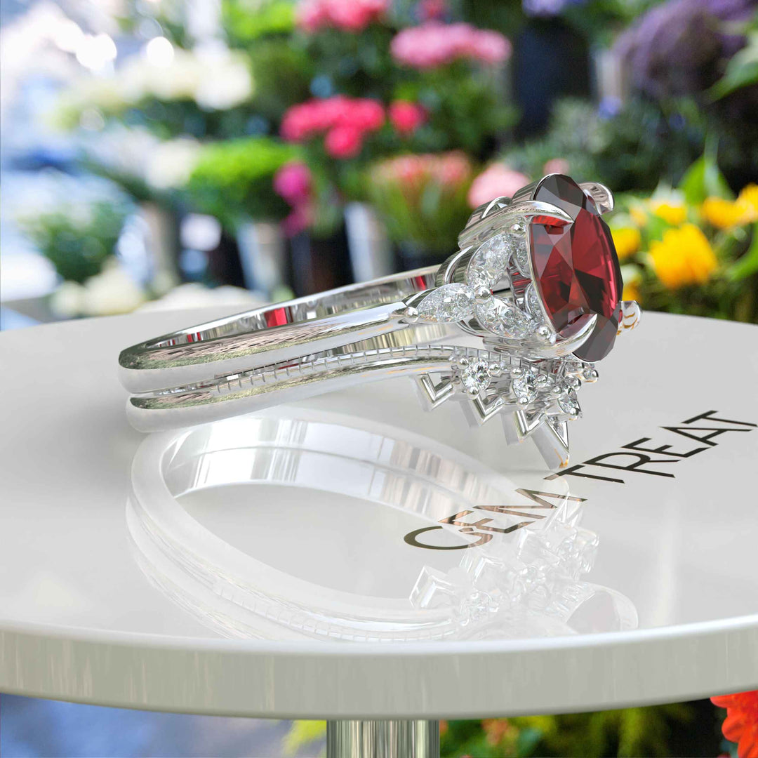 Oval Ruby Wedding Ring Set in Silver: Timeless Elegance for Your Special Day