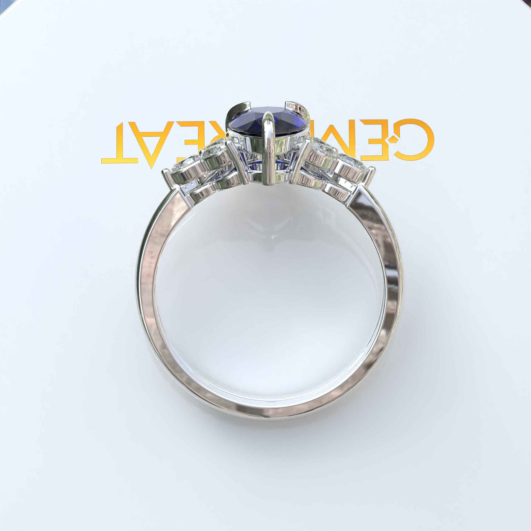 Timeless Love Story: Pear Blue Sapphire Wedding Set & Marquise Moissanite Details