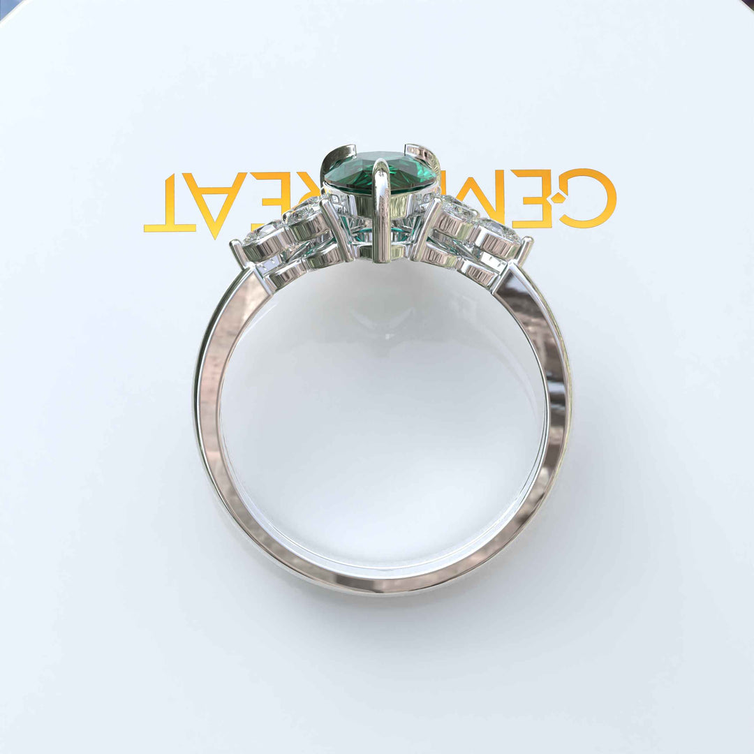 Nuptial Wonders in Verdant: Dive into the Pear Cut Green Emerald Ring Set, Adorned with Marquise Gems