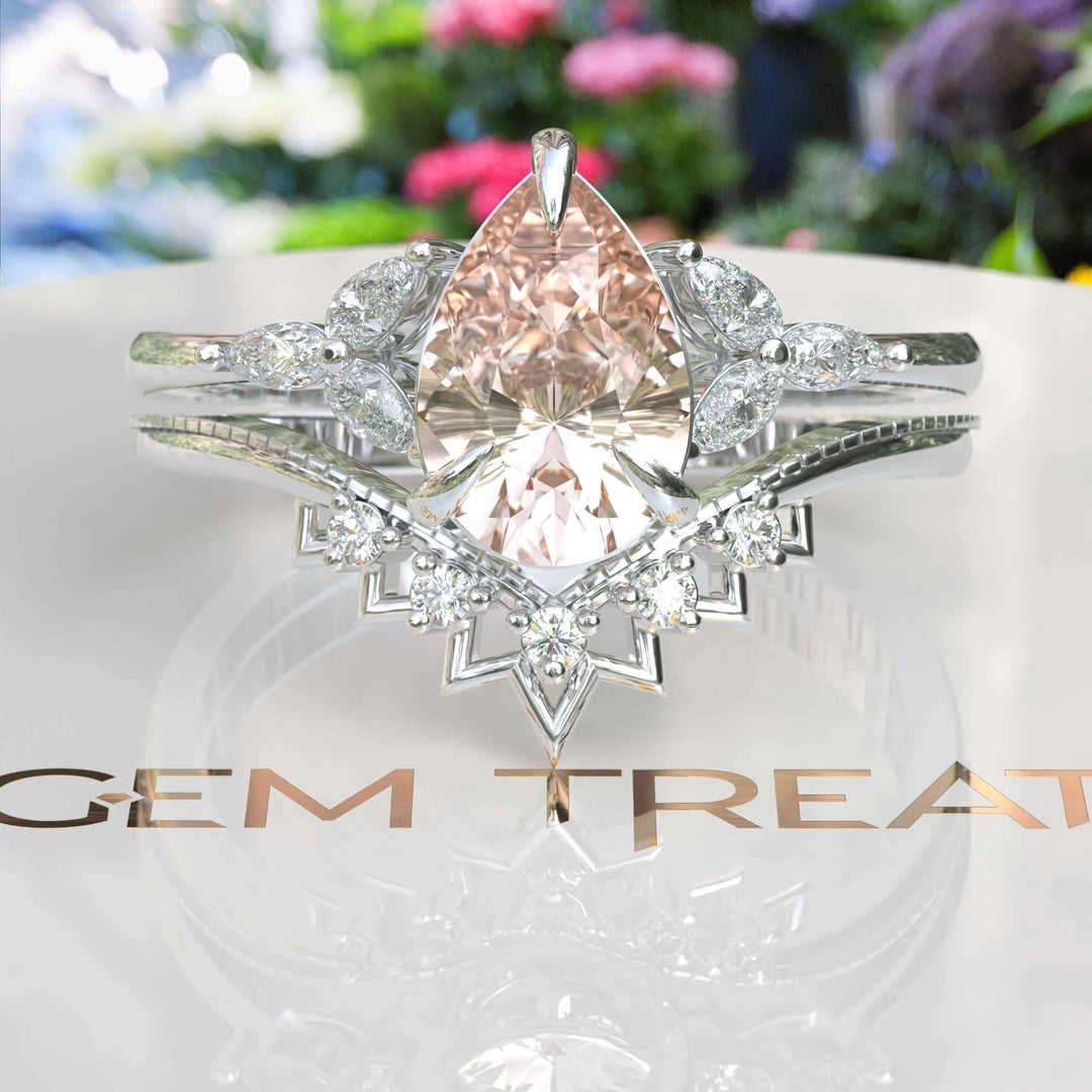 Timeless Elegance: Silver Wedding Set with Pear Cut Morganite, Perfect for Life's Beautiful Journey