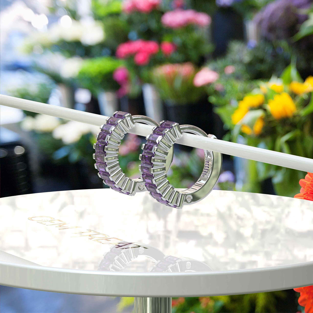 Violet Charm: Baguette Amethyst-Adorned Elegant Hoop Earrings.