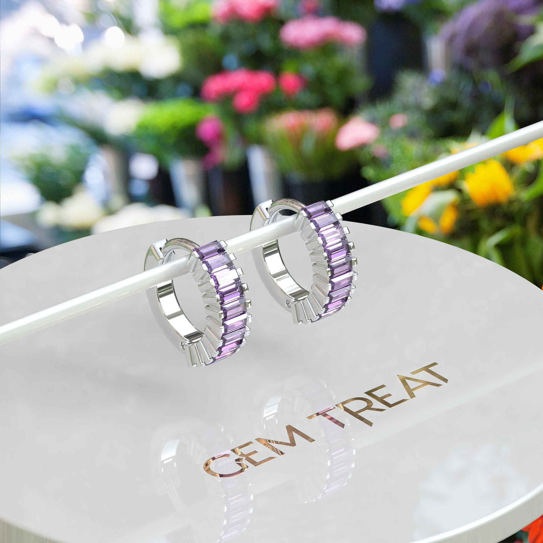 Violet Charm: Baguette Amethyst-Adorned Elegant Hoop Earrings.