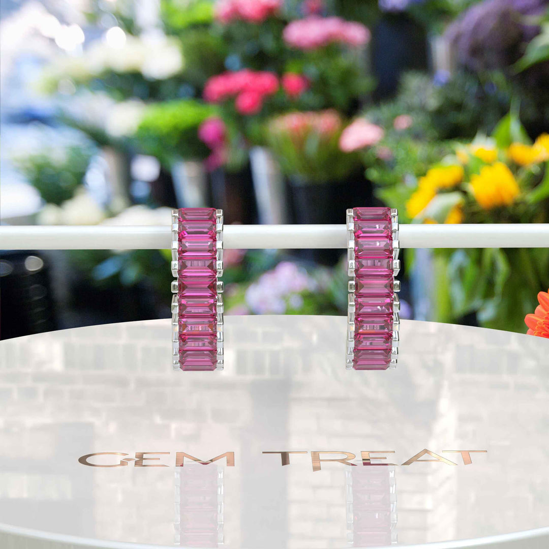 Blushing Elegance: Baguette Pink Sapphire Hoop Earrings.