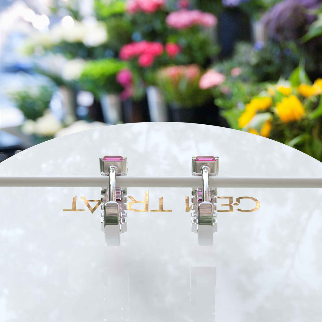 Blushing Elegance: Baguette Pink Sapphire Hoop Earrings.