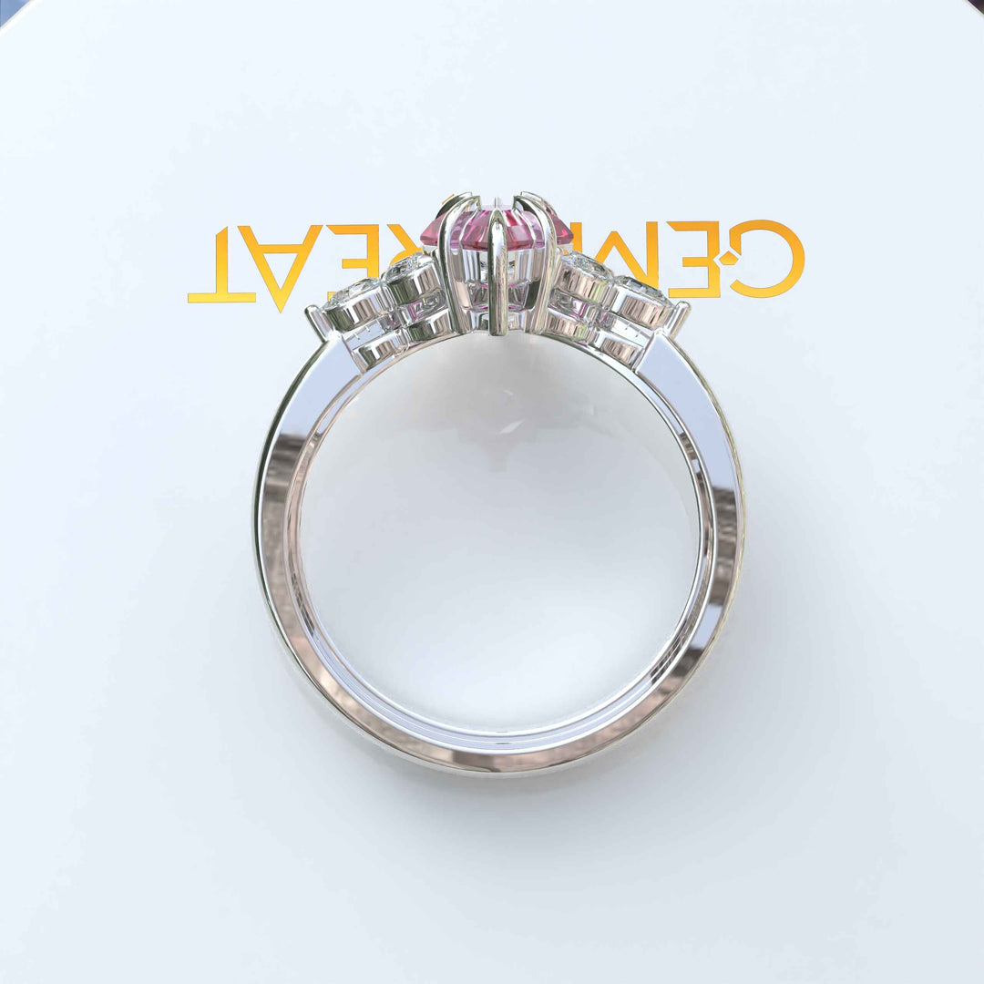 Whimsical Romance: Kite Cut Pink Sapphire Wedding Set with Marquise Moissanite Details