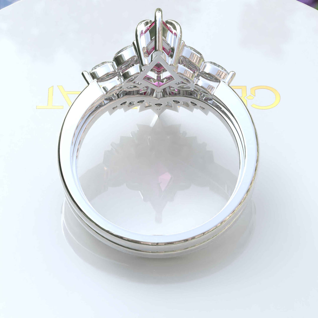 Whimsical Romance: Kite Cut Pink Sapphire Wedding Set with Marquise Moissanite Details