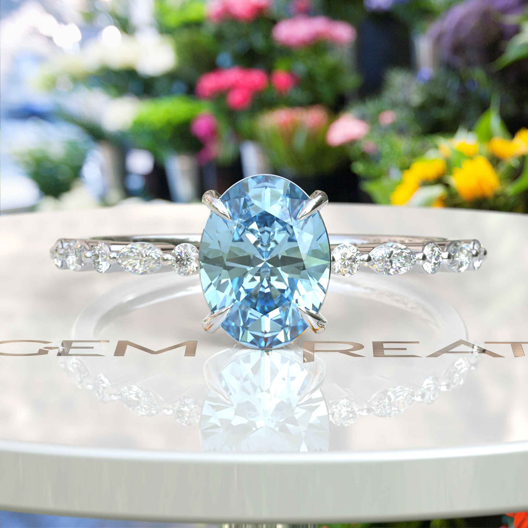 1.5ct Oval Aquamarine Engagement Ring: Sparkling Marquise Moissanites on Silver Band Illuminate Love's Journey