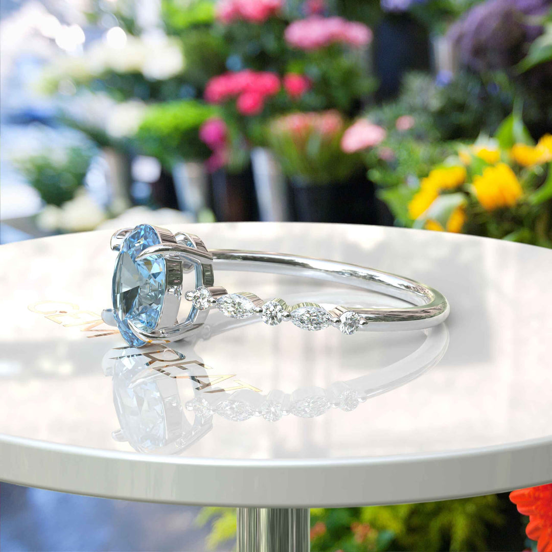 1.5ct Oval Aquamarine Engagement Ring: Sparkling Marquise Moissanites on Silver Band Illuminate Love's Journey