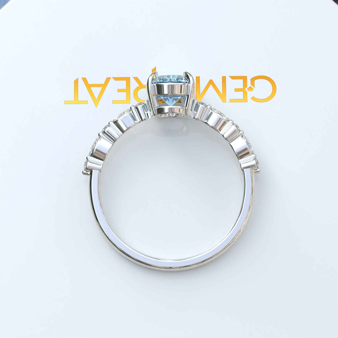 1.5ct Oval Aquamarine Engagement Ring: Sparkling Marquise Moissanites on Silver Band Illuminate Love's Journey