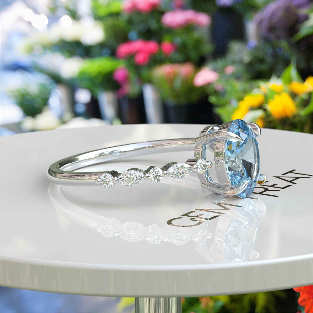 1.5ct Oval Aquamarine Engagement Ring: Sparkling Marquise Moissanites on Silver Band Illuminate Love's Journey