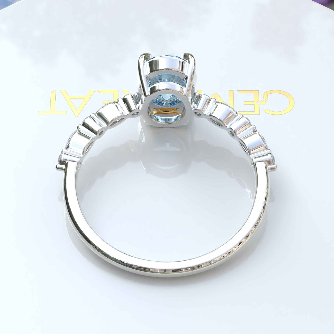 1.5ct Oval Aquamarine Engagement Ring: Sparkling Marquise Moissanites on Silver Band Illuminate Love's Journey