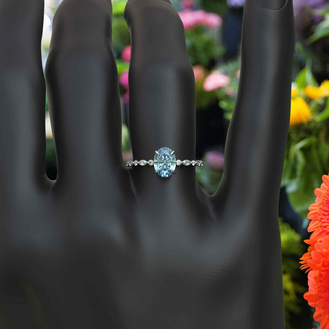 1.5ct Oval Aquamarine Engagement Ring: Sparkling Marquise Moissanites on Silver Band Illuminate Love's Journey