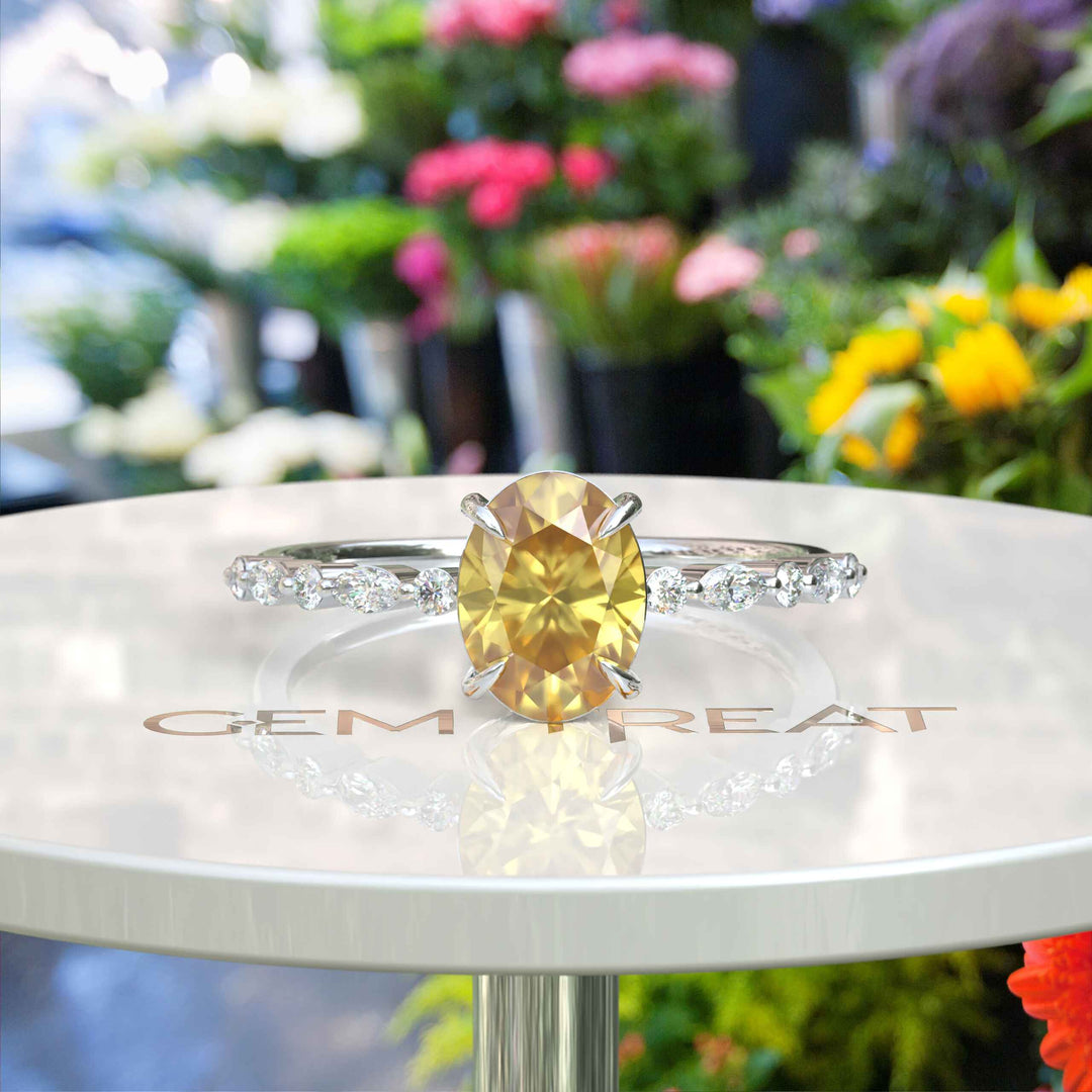 Sunny Elegance: Oval Yellow Sapphire Ring Adorned with Marquise Moissanite Accents