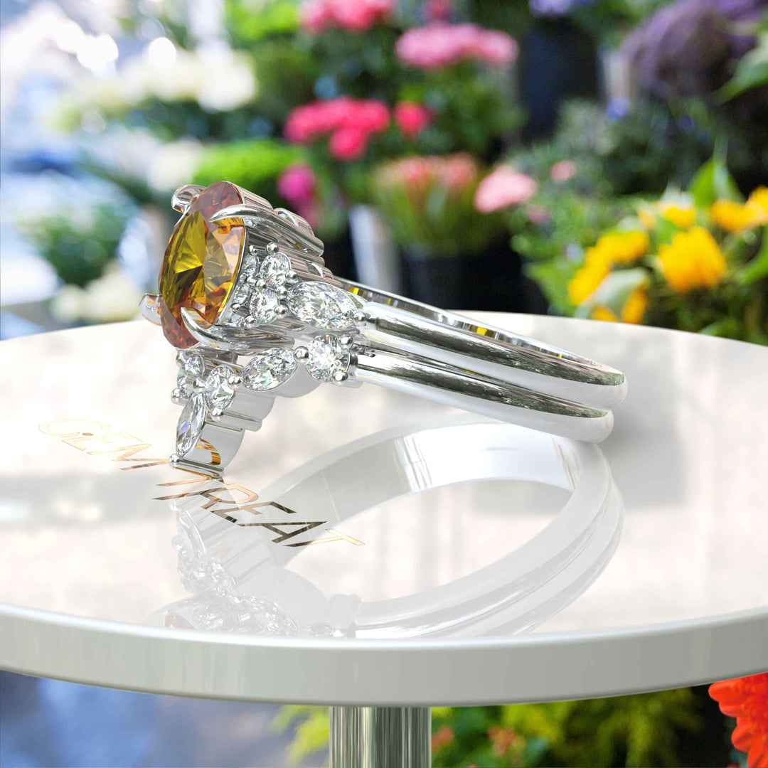 Golden Horizon: Oval Citrine Wedding Ring Set with Marquise Moissanite Accents in Silver