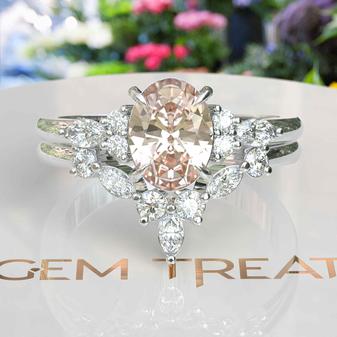 Blush Tones Meet Brilliance: Oval Morganite Ring Set, Enhanced by Marquise Moissanites