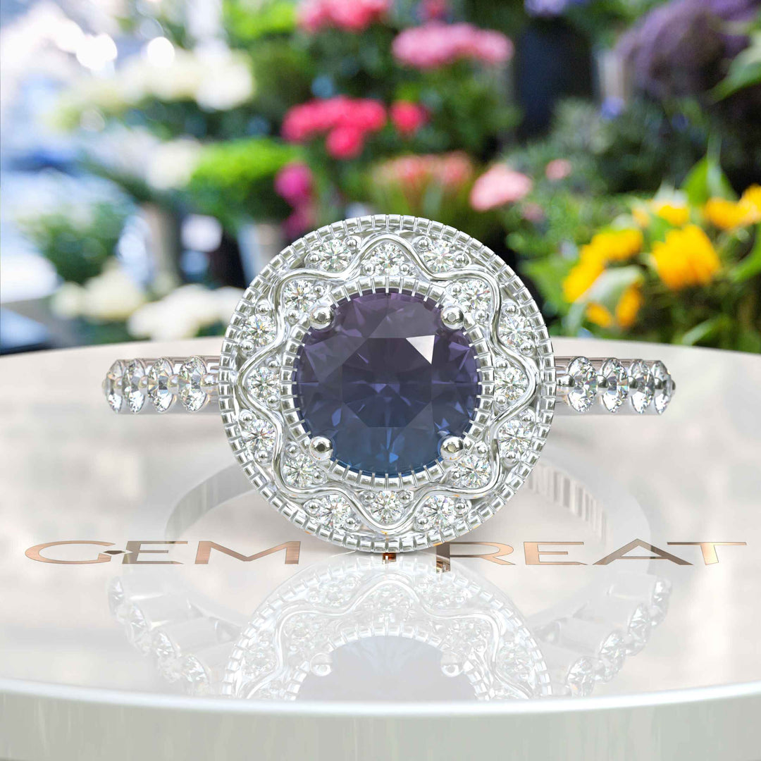 Stunning Round Color-Changing Alexandrite Ring with Moissanite Halo