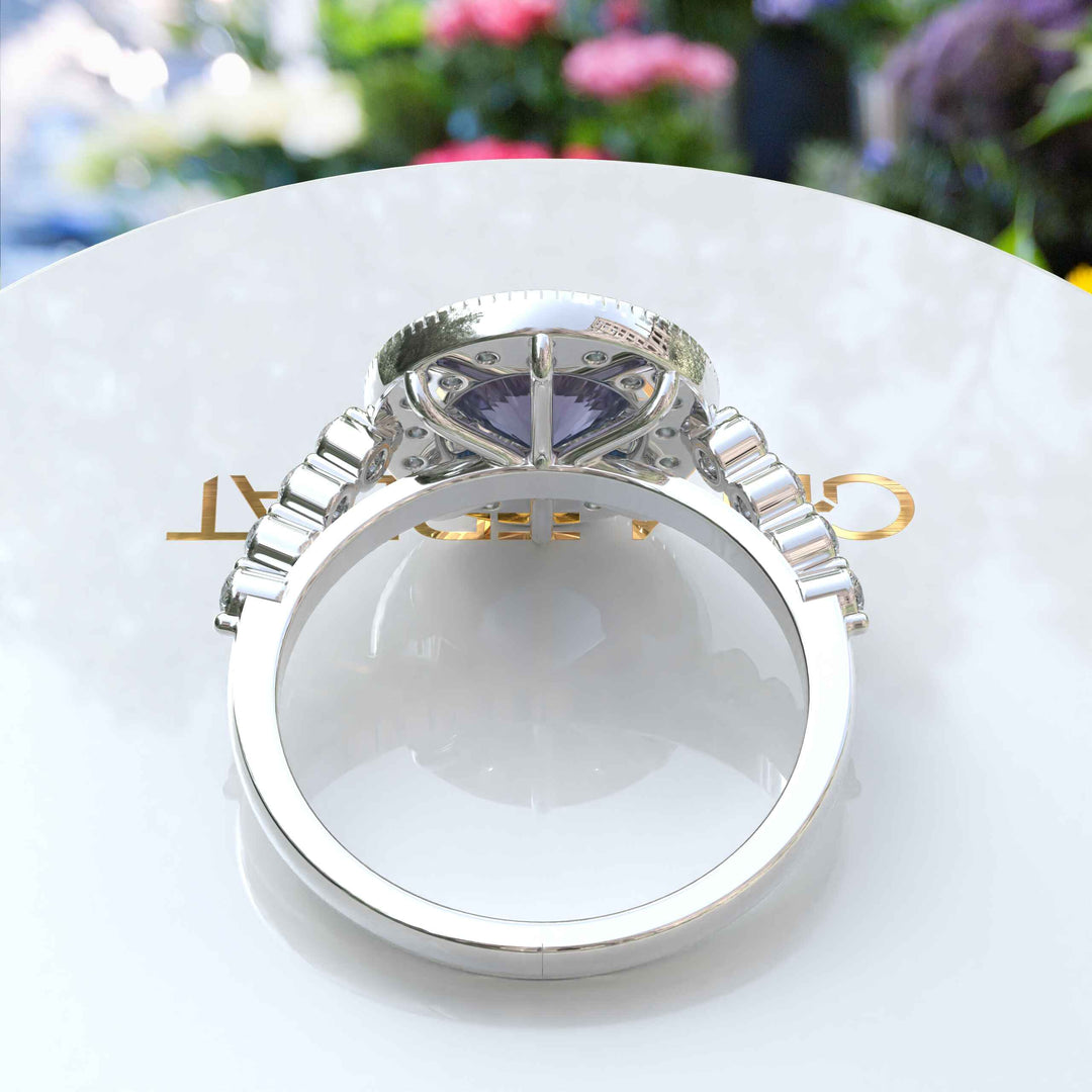 Stunning Round Color-Changing Alexandrite Ring with Moissanite Halo