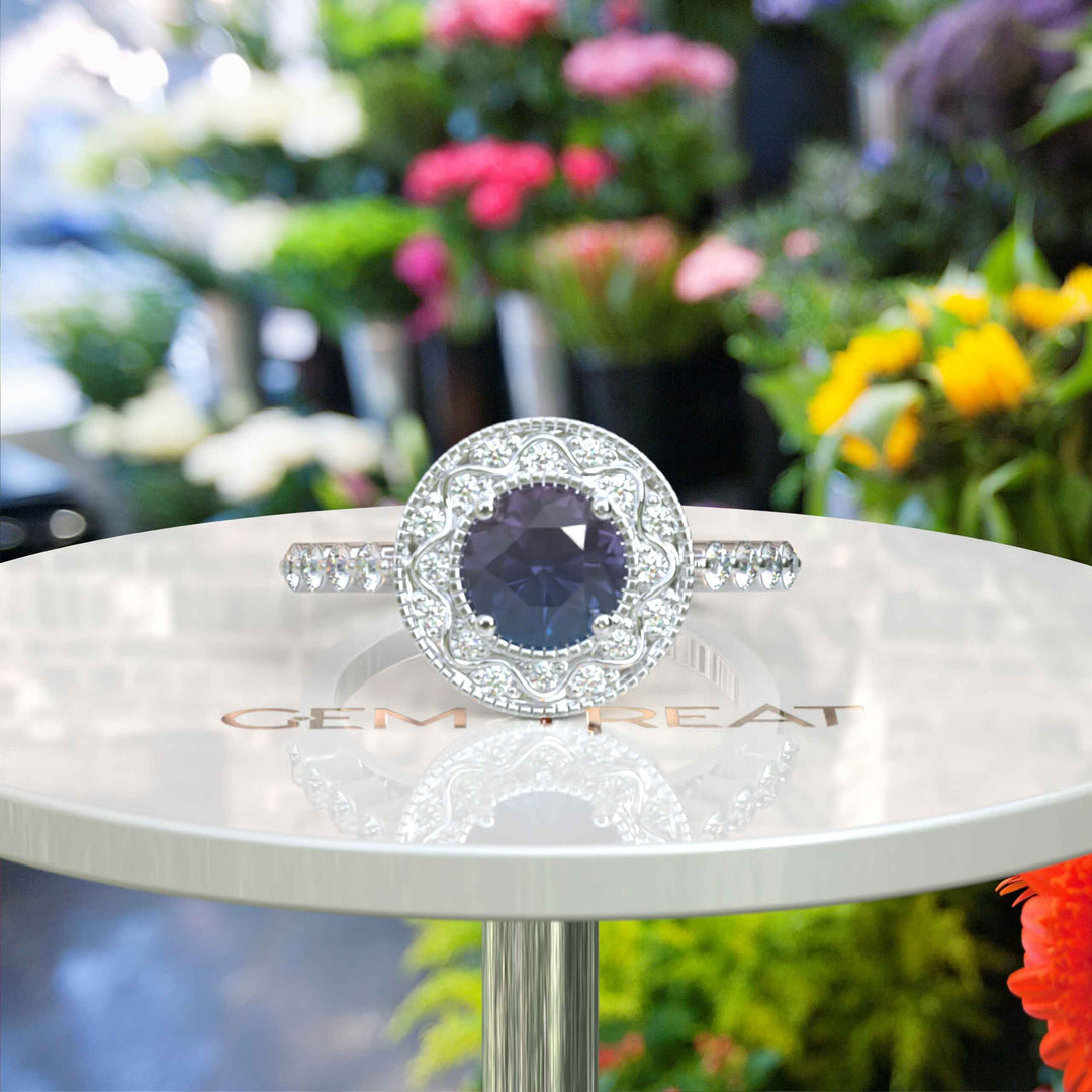 Stunning Round Color-Changing Alexandrite Ring with Moissanite Halo