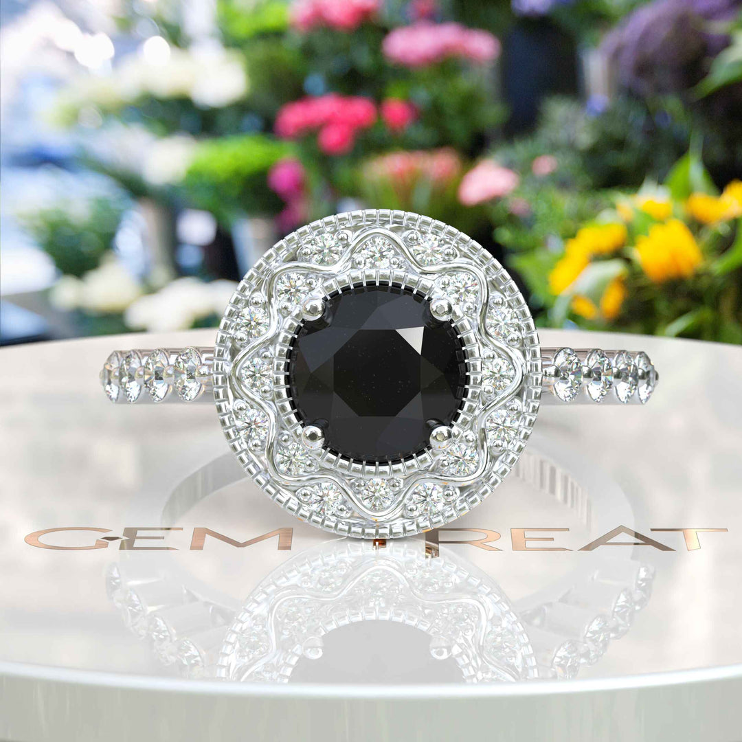 Elegant Radiance: Round Black Onyx Ring with Sparkling Halo Detail