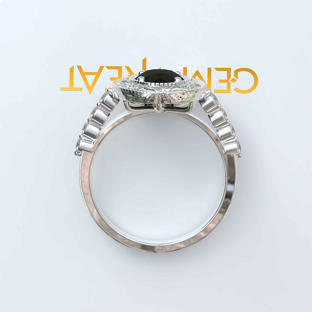 Elegant Radiance: Round Black Onyx Ring with Sparkling Halo Detail