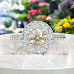 Load image into Gallery viewer, Golden Glimmer: Round Champagne Moissanite Crowned with Halo Brilliance.
