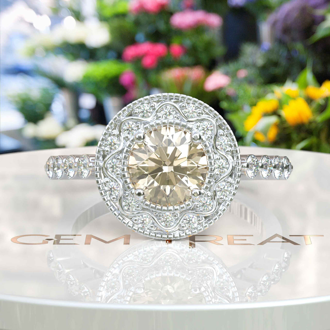 Golden Glimmer: Round Champagne Moissanite Crowned with Halo Brilliance.