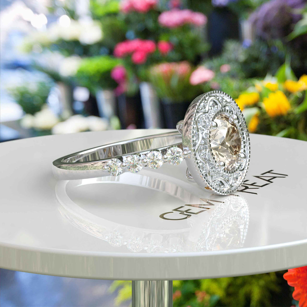 Golden Glimmer: Round Champagne Moissanite Crowned with Halo Brilliance.