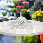 Load image into Gallery viewer, Golden Glimmer: Round Champagne Moissanite Crowned with Halo Brilliance.
