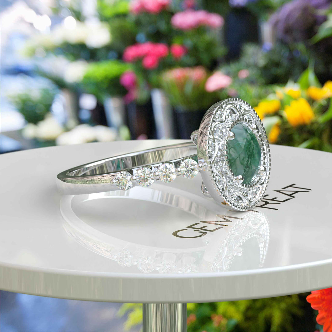 Majestic Moss Agate Centerpiece Ring with Radiant Moissanite Accents