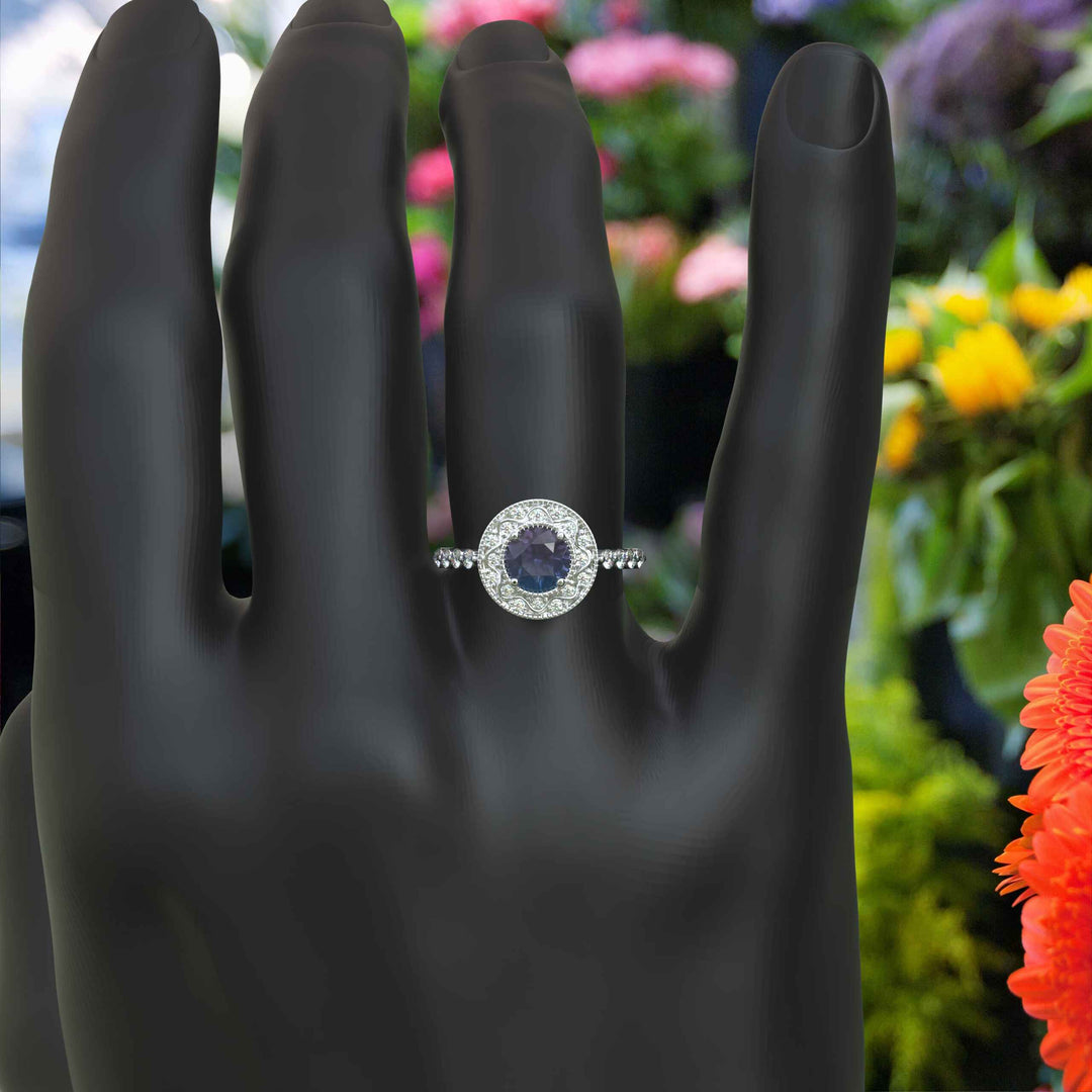 Stunning Round Color-Changing Alexandrite Ring with Moissanite Halo