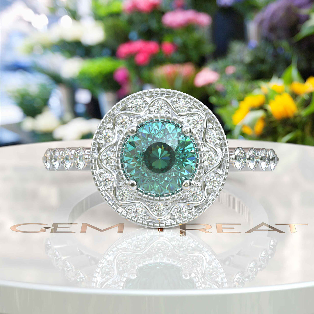 Aqua Elegance: Portuguese Cut Cyan Blue Moissanite Ring with Sparkling Halo Accent