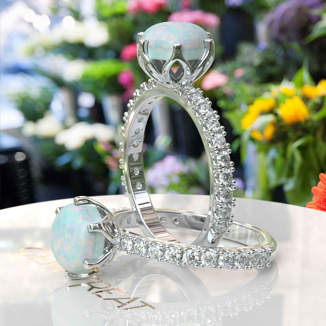 Classic Beauty: Opal Centerpiece Ring with Moissanite Accents Along the Shank