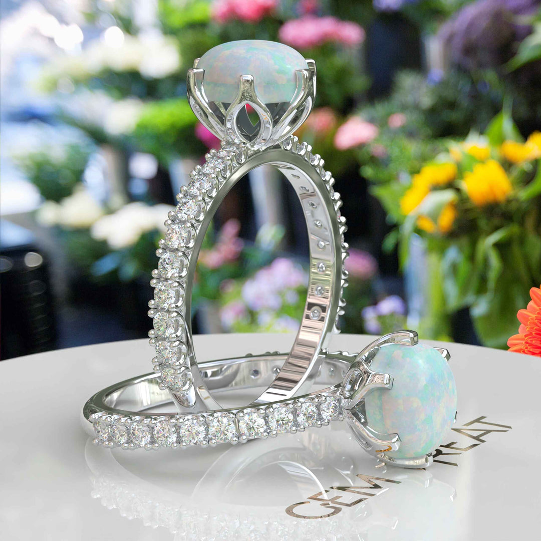 Classic Beauty: Opal Centerpiece Ring with Moissanite Accents Along the Shank