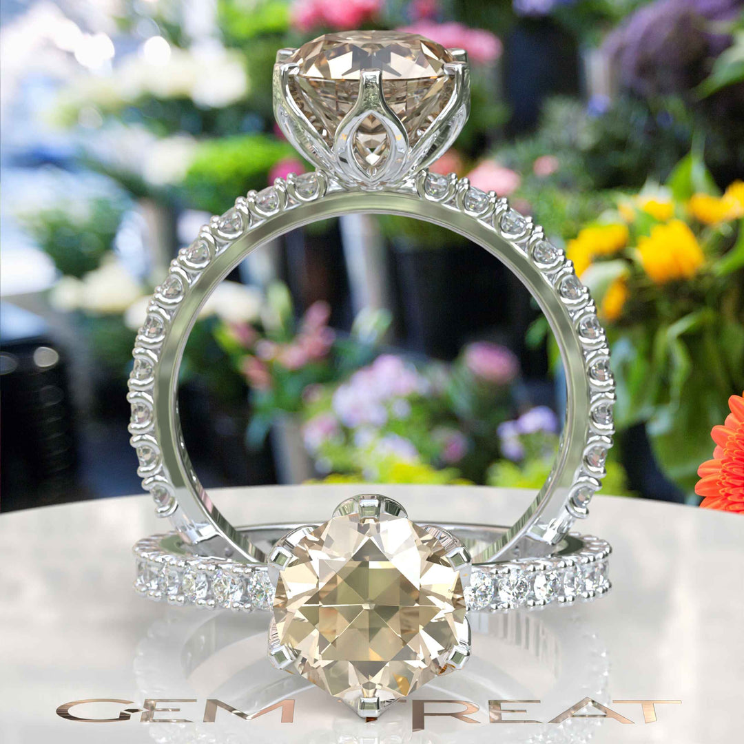 Golden Era Sparkle: Champagne Moissanite in Classic Old European Cut Engagement Ring