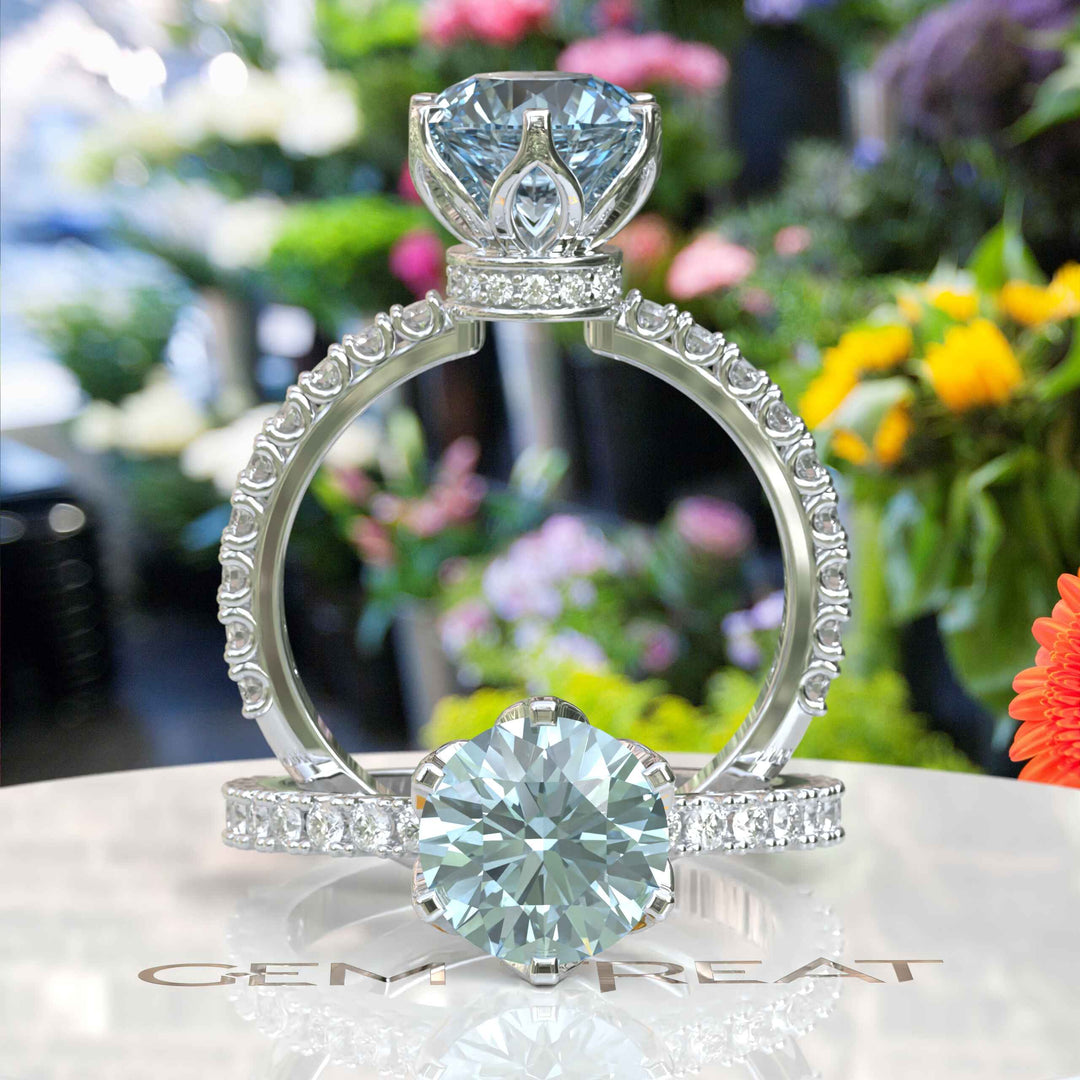 Elegant Round-Cut Aquamarine Under Halo Engagement Ring