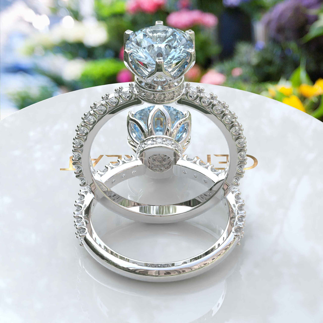 Elegant Round-Cut Aquamarine Under Halo Engagement Ring