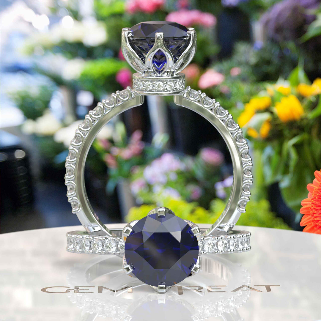 Deep Blue Elegance: Round Sapphire Under Halo Engagement Ring