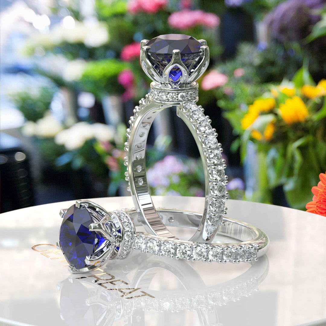 Deep Blue Elegance: Round Sapphire Under Halo Engagement Ring