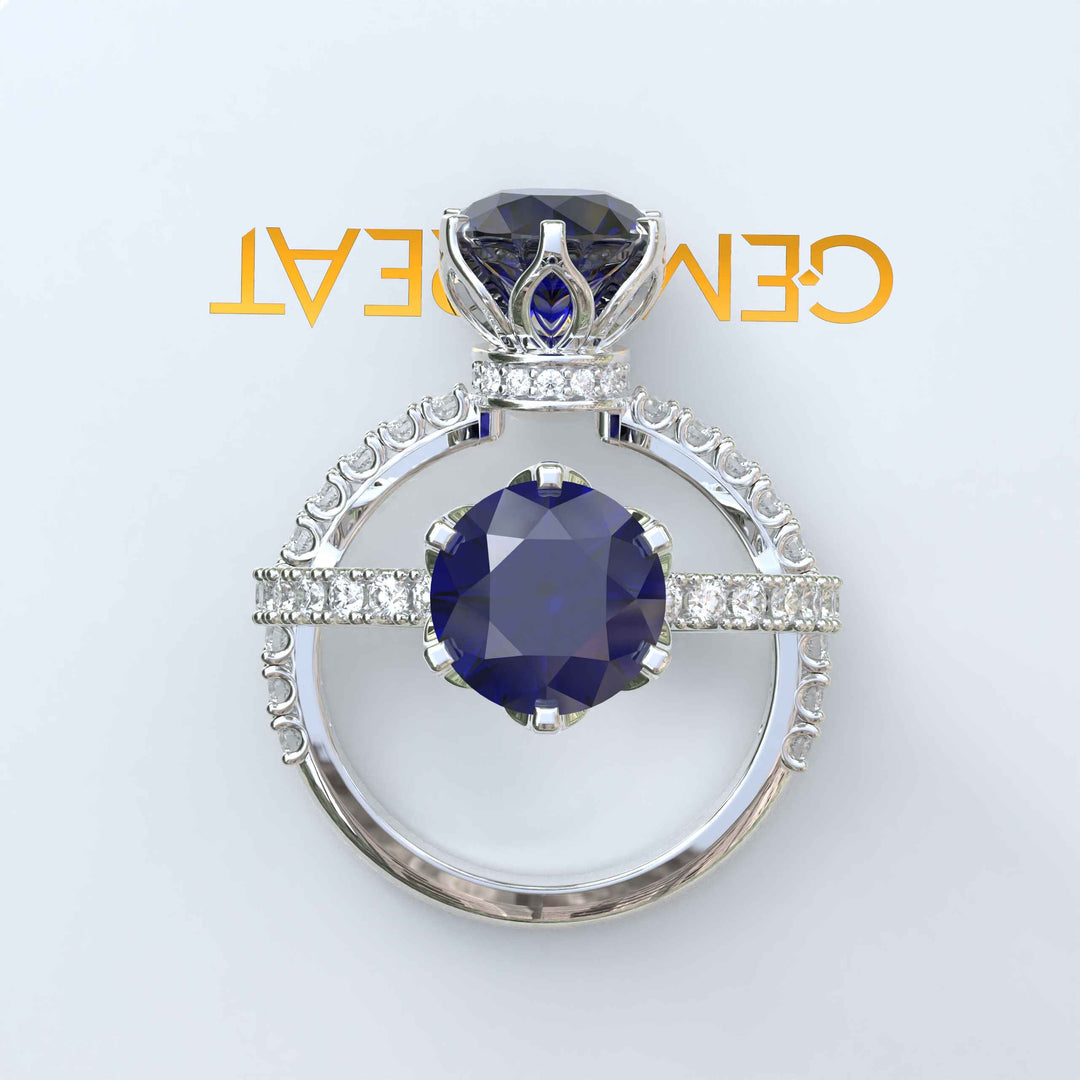 Deep Blue Elegance: Round Sapphire Under Halo Engagement Ring