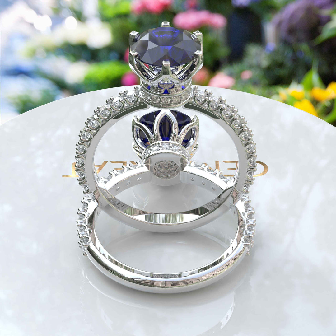 Deep Blue Elegance: Round Sapphire Under Halo Engagement Ring