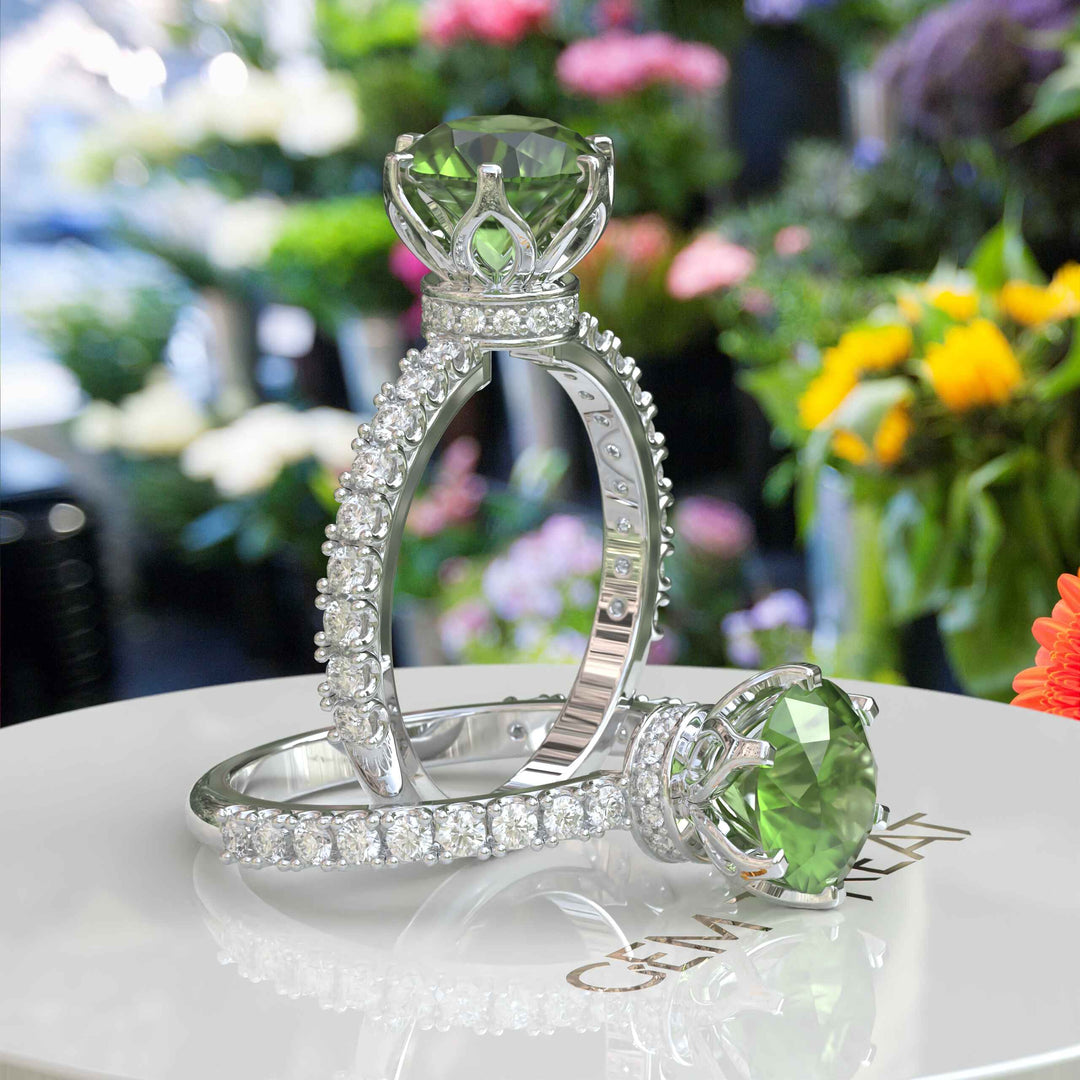 Classic Peridot Engagement Ring with Moissanite Under-Halo Sparkle