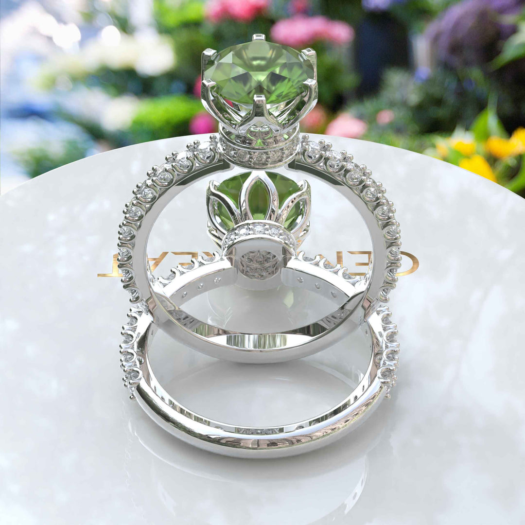 Classic Peridot Engagement Ring with Moissanite Under-Halo Sparkle