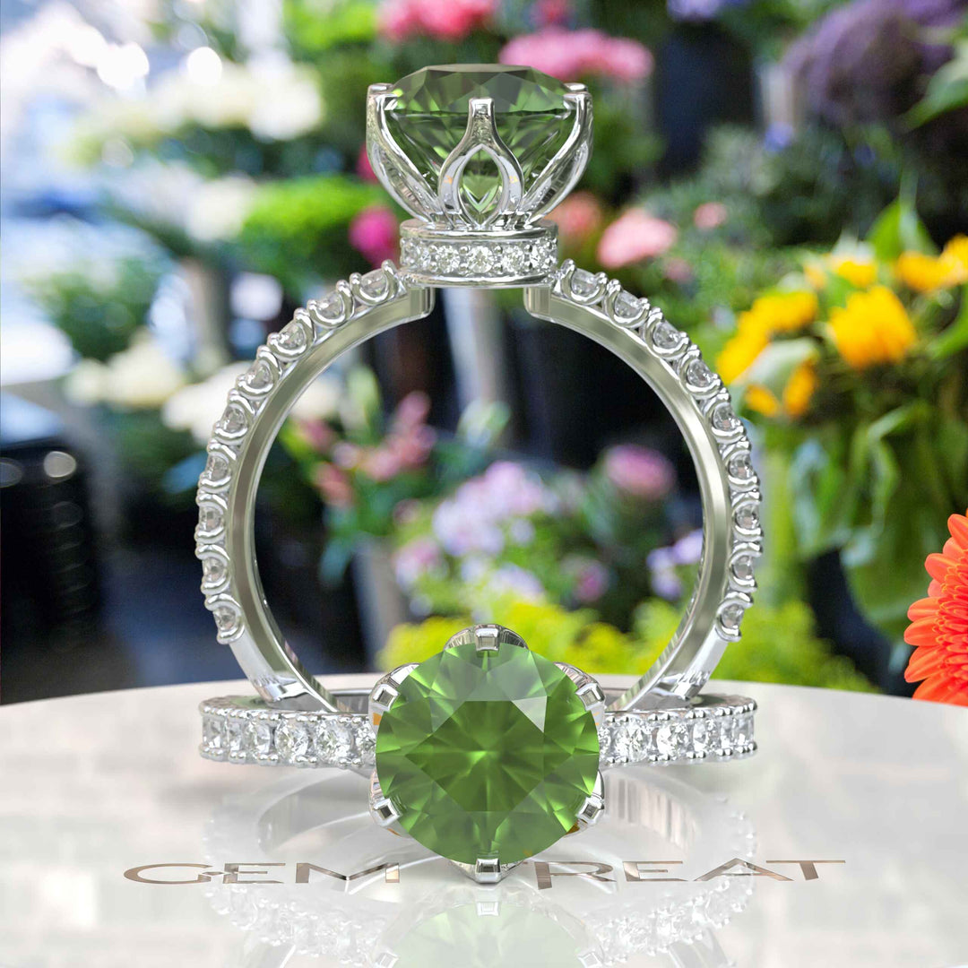 Classic Peridot Engagement Ring with Moissanite Under-Halo Sparkle