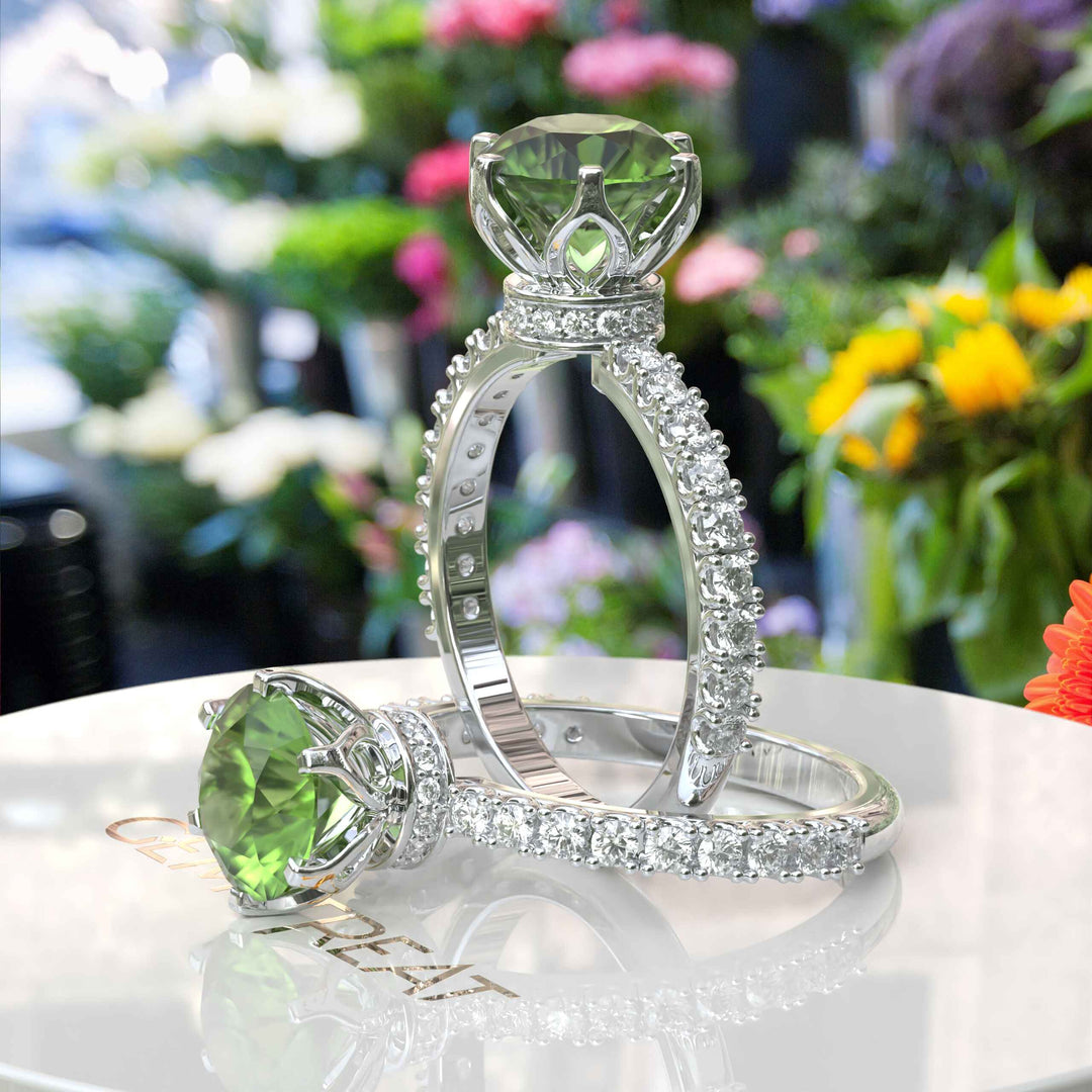 Classic Peridot Engagement Ring with Moissanite Under-Halo Sparkle