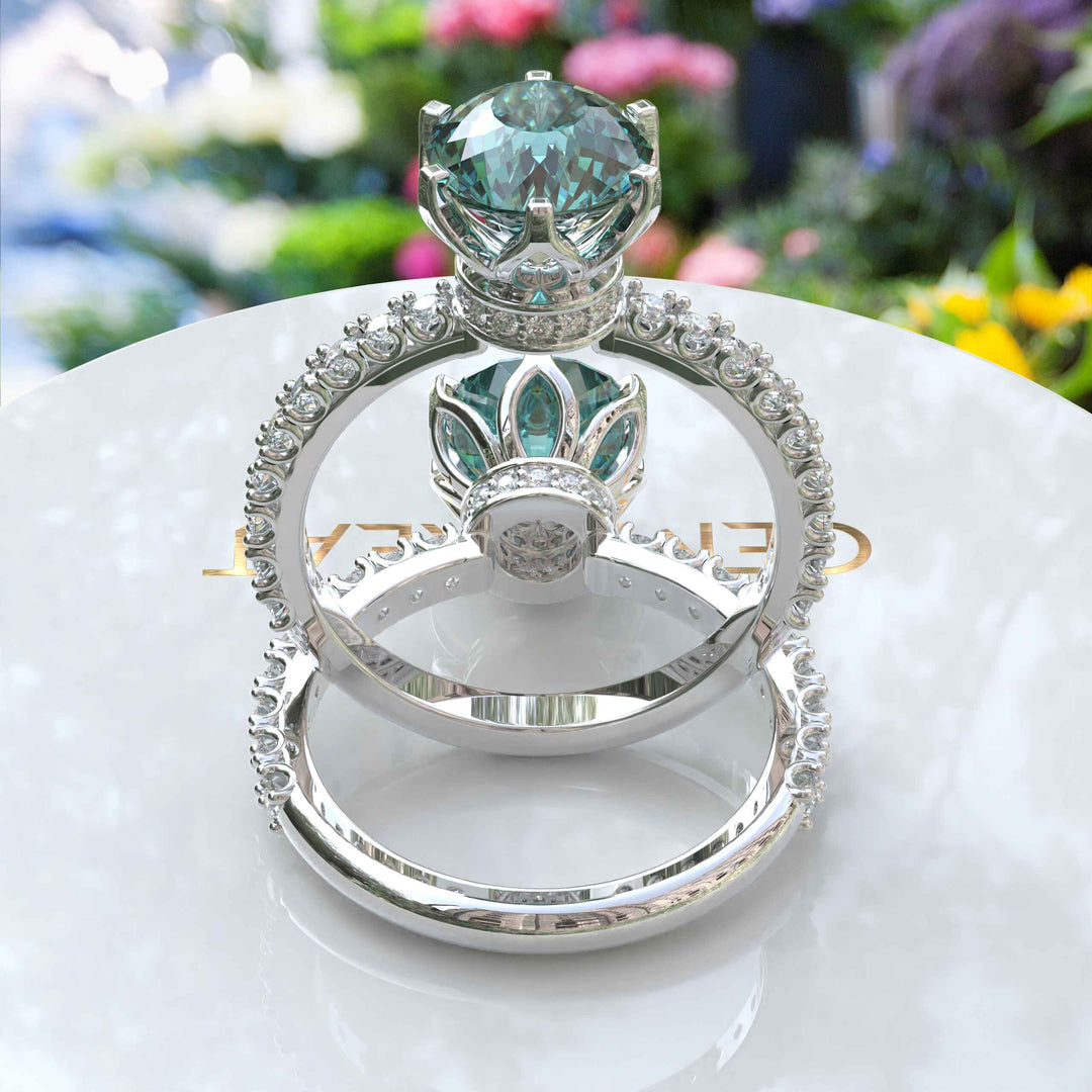 Ocean's Serenade Captured: Cyan Blue Portuguese Cut Adorns Under Halo Ring Setting